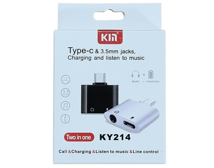 Переходник KIN KY-214 Type-C to AUX 2в1 (3,5mm) (зарядка + наушники). Black