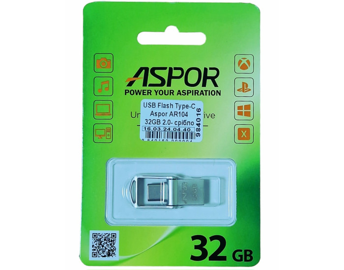 Флешка USB 2,0 Aspor Type-C 32GB AR104 Silver