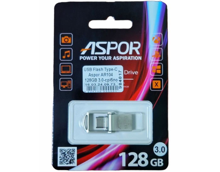 Флешка USB 3,0 Aspor Type-C 128GB AR104 Silver