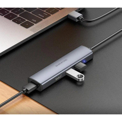 USB HUB Borofone DH12 Smart (4 порта*USB2.0) 1.2м Сірий