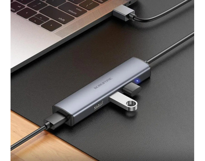 USB HUB Borofone DH12 Smart (4 порта*USB2.0) 1.2м Сірий