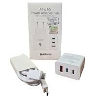 Сетевое зарядное устройство Samsung 65W PD (2 USB-C+USB-A) с кабелем Type-C to Type-C, (EP-TA800NBE) Белый
