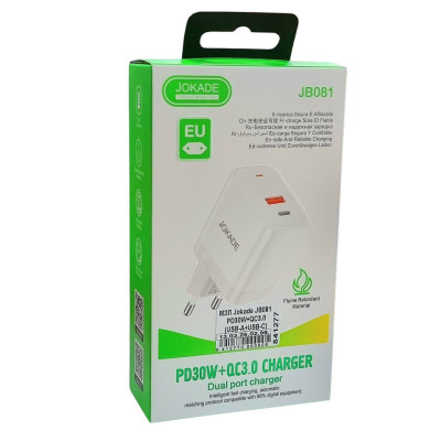 Мережеве зарядний пристрій Jokade JB081 GUANGFENG (PD30W+QC3.0) (USB-A+USB-C) Білий