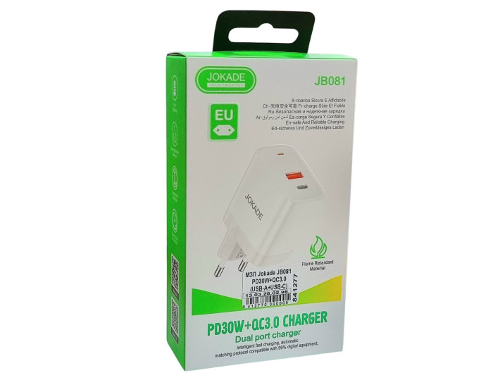 Мережеве зарядний пристрій Jokade JB081 GUANGFENG (PD30W+QC3.0) (USB-A+USB-C) Білий