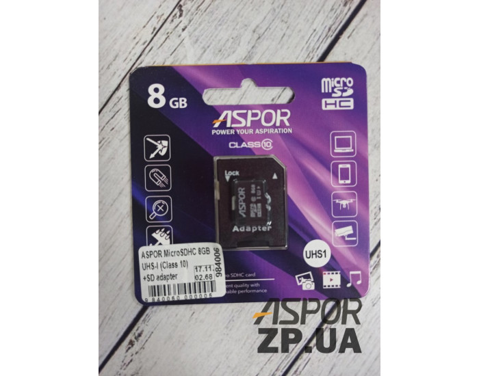 Карта пам'яті Aspor MicroSDHC 8GB UHS-I (Class 10) + SD adapter