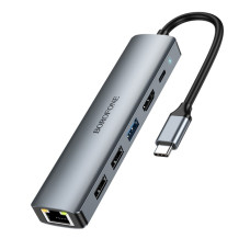 Переходник-адаптер USB HUB Borofone DH16 Buddy PD 100W 6-in-1,  серый
