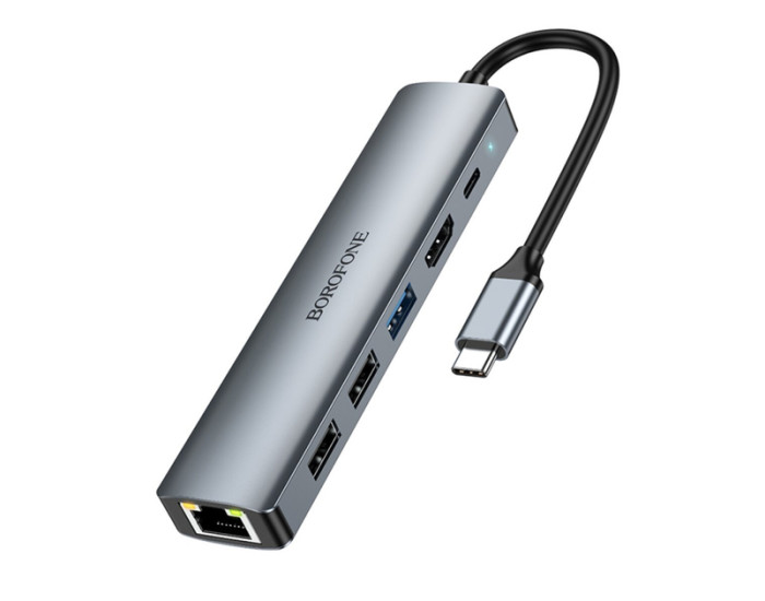 Перехідник-адаптер USB HUB Borofone DH16 Buddy PD 100W 6-in-1, Сірий