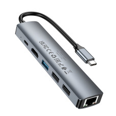 Перехідник-адаптер USB HUB Borofone DH16 Buddy PD 100W 6-in-1, Сірий