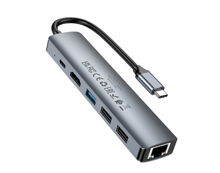 Перехідник-адаптер USB HUB Borofone DH16 Buddy PD 100W 6-in-1, Сірий