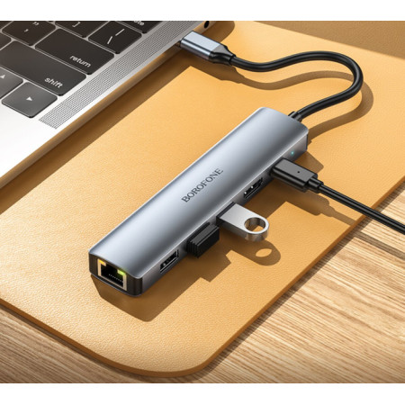 Переходник-адаптер USB HUB Borofone DH16 Buddy PD 100W 6-in-1,  серый