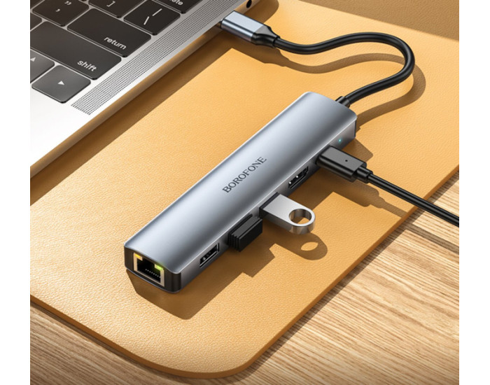 Перехідник-адаптер USB HUB Borofone DH16 Buddy PD 100W 6-in-1, Сірий
