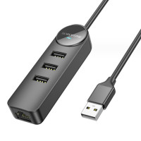 Перехідник USB HUB Borofone DH6 Erudite (3 порта*USB2.0+RJ45) 1.2м Black
