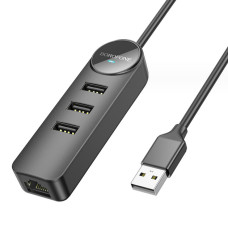 Переходник USB HUB Borofone DH6 Erudite (3 порта*USB2.0+RJ45) 1.2м Black