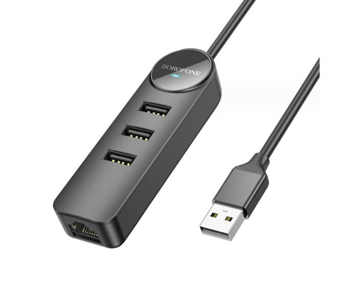 Переходник USB HUB Borofone DH6 Erudite (3 порта*USB2.0+RJ45) 1.2м Black