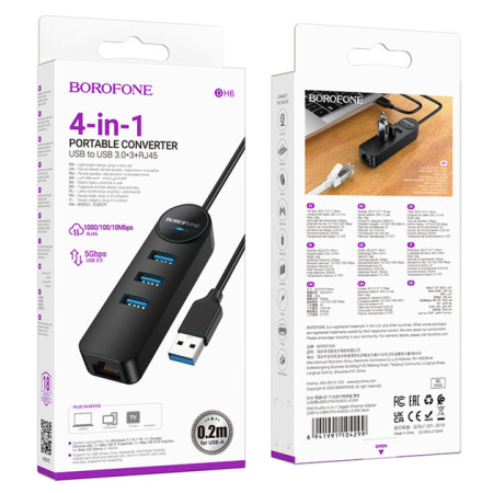 Переходник USB HUB Borofone DH6 Erudite (3 порта*USB3.0+RJ45) 0.2м Black