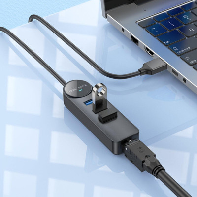 Переходник USB HUB Borofone DH6 Erudite (3 порта*USB3.0+RJ45) 0.2м Black