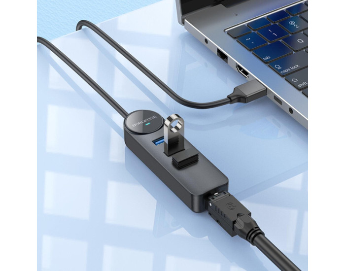 Переходник USB HUB Borofone DH6 Erudite (3 порта*USB3.0+RJ45) 0.2м Black