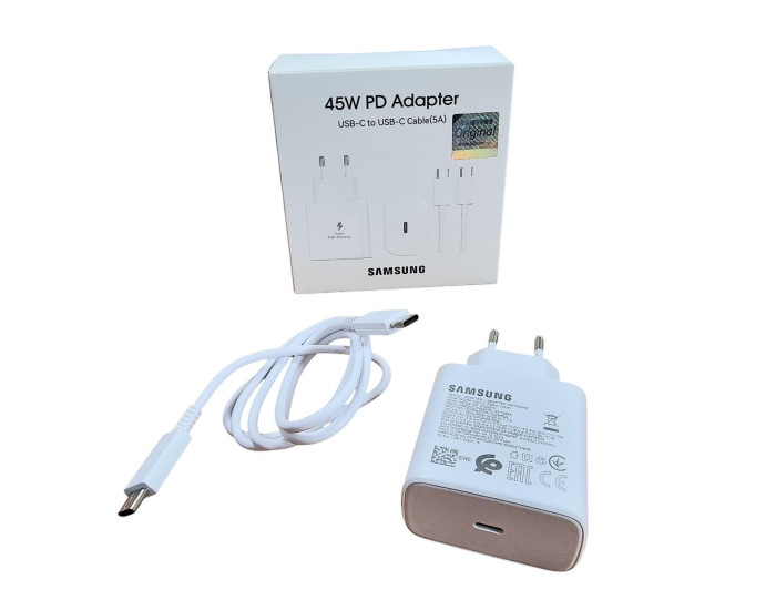 Мережеве зарядний пристрій Samsung (EP-TA845XBEGCN) 45W з кабелем Type-C to Type-C Білий