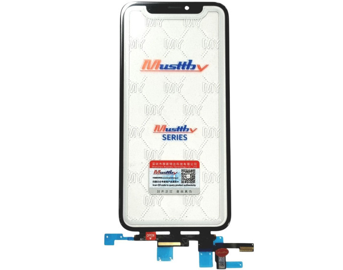 Сенсор Apple iPhone X, з OCA. з рамкою c мікросхемою з коротким шлейфом, чорний, Musttby