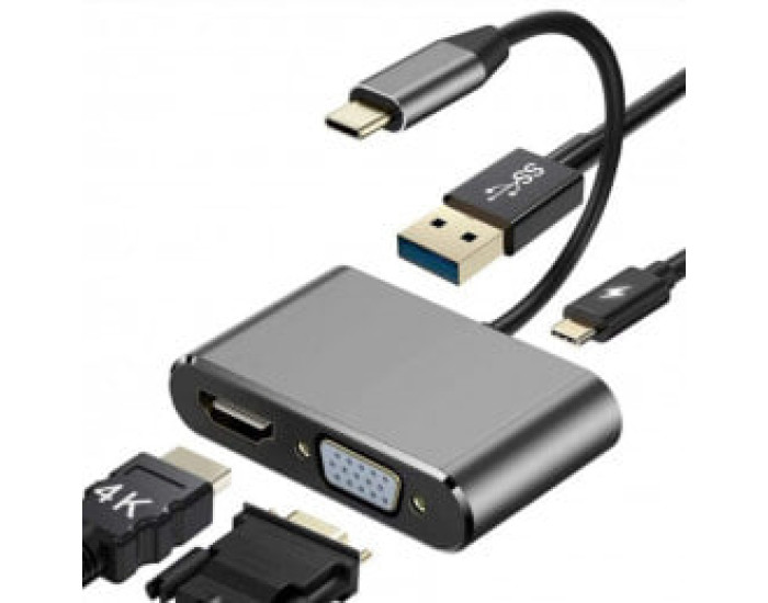 Перехідник USB-C 4 in 1 (PD+HDMI+VGA+USB 4K)