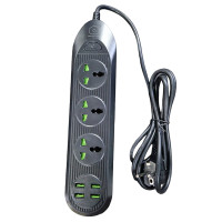 Сетевой фильтр WUW C133 на 3 розетки и 4USB, черный 2,1A / 2м