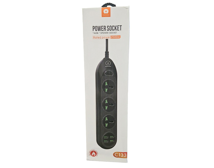 Сетевой фильтр WUW C133 на 3 розетки и 4USB, черный 2,1A / 2м