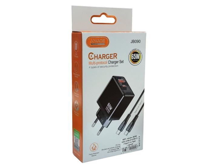 Мережеве зарядний пристрій Jokade JB090 CHAOAN 65W (USB-A+USB-C) з кабелем (Type-C-Type-C) чорний