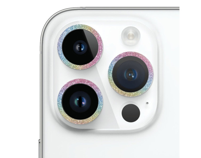 Защитное стекло Metal Sparkles на камеру iPhone 15 Pro/15 Pro Max (Сиреневый / Rainbow)