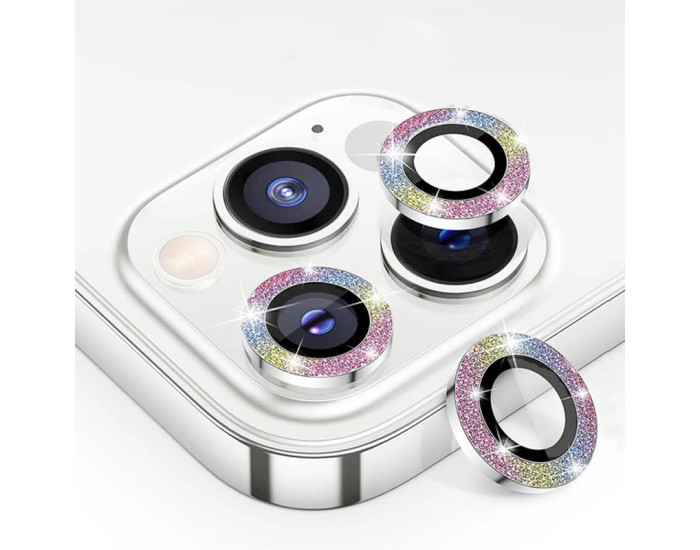 Защитное стекло Metal Sparkles на камеру iPhone 15 Pro/15 Pro Max (Сиреневый / Rainbow)