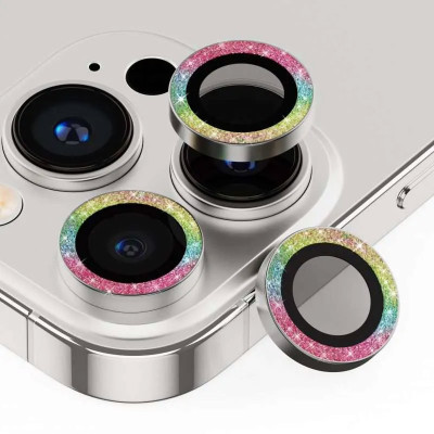 Защитное стекло Metal Sparkles на камеру iPhone 15 Pro/15 Pro Max (Сиреневый / Rainbow)