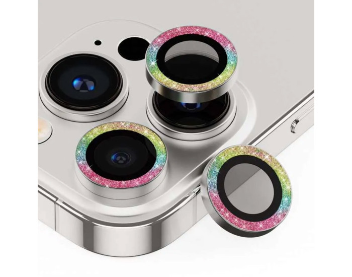 Защитное стекло Metal Sparkles на камеру iPhone 15 Pro/15 Pro Max (Сиреневый / Rainbow)