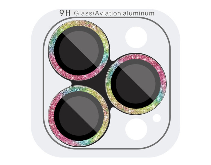 Защитное стекло Metal Sparkles на камеру iPhone 15 Pro/15 Pro Max (Сиреневый / Rainbow)