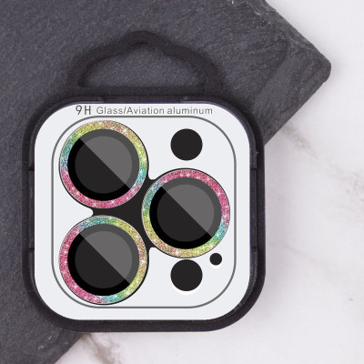 Защитное стекло Metal Sparkles на камеру iPhone 15 Pro/15 Pro Max (Сиреневый / Rainbow)
