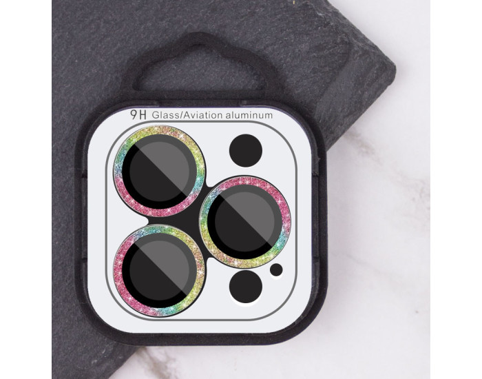Защитное стекло Metal Sparkles на камеру iPhone 15 Pro/15 Pro Max (Сиреневый / Rainbow)