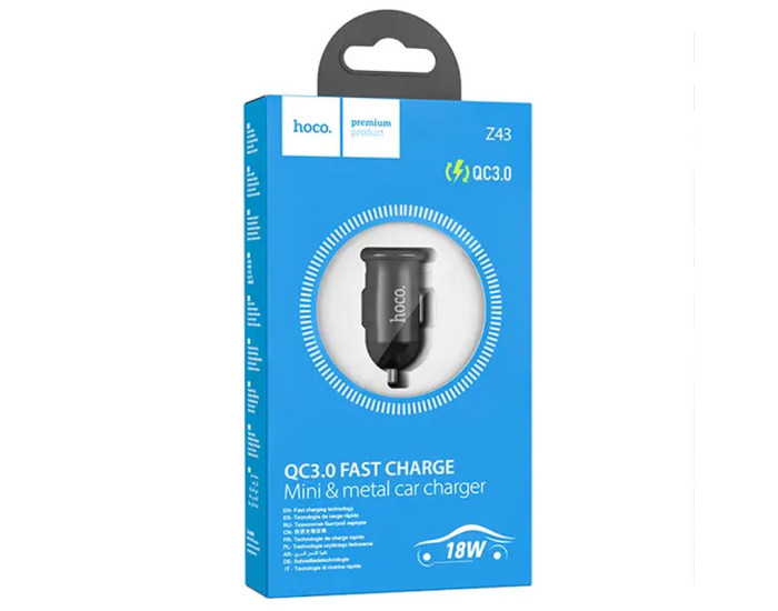 Автомобільне зарядний пристрій Hoco Z43 Mighty Single Port Car Charger (1USB/18W/QC3.0) Metal Grey