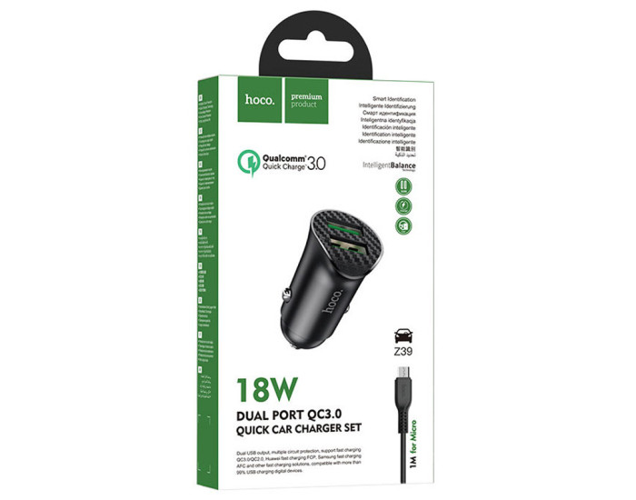 Автомобильное зарядное устройство Hoco Z39 Farsighted (2USB/QC3.0/18W) с кабелем Micro USB Black