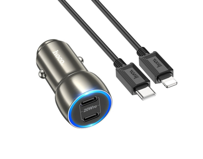 Автомобільне зарядний пристрій Hoco Z48 Tough 40W (2 Type-C) з кабелем Type-C to Lightning, Metal Gray