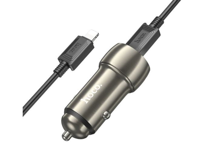 Автомобільне зарядний пристрій Hoco Z48 Tough 40W (2 Type-C) з кабелем Type-C to Lightning, Metal Gray