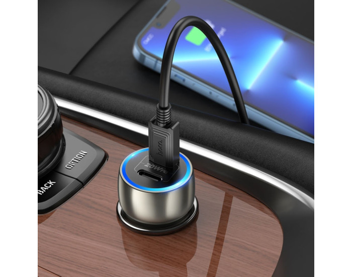 Автомобільне зарядний пристрій Hoco Z48 Tough 40W (2 Type-C) з кабелем Type-C to Lightning, Metal Gray