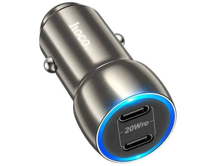 Автомобільне зарядний пристрій Hoco Z48 Tough 40W (2 Type-C) з кабелем Type-C to Lightning, Metal Gray