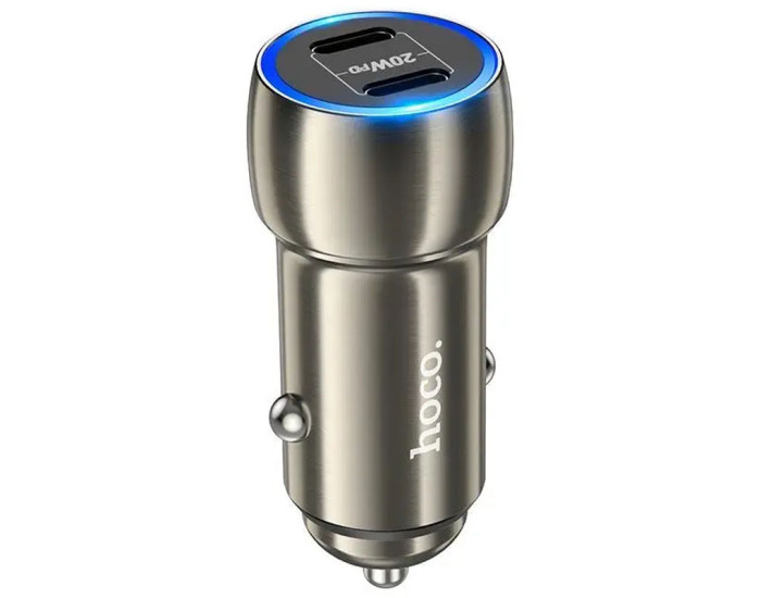 Автомобільне зарядний пристрій Hoco Z48 Tough 40W (2 Type-C) з кабелем Type-C to Lightning, Metal Gray