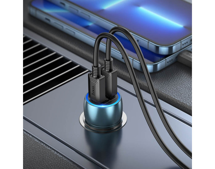 Автомобільне зарядний пристрій Hoco Z48 Tough 40W (2 Type-C) з кабелем Type-C to Type-C, Metal Gray
