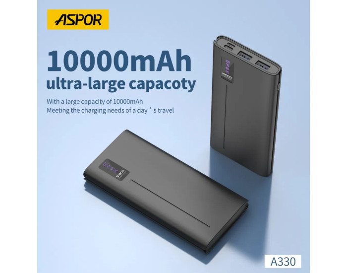 Портативная батарея (Power Bank) Aspor A330 10000mAh (Fast Charge/2USB)- Black