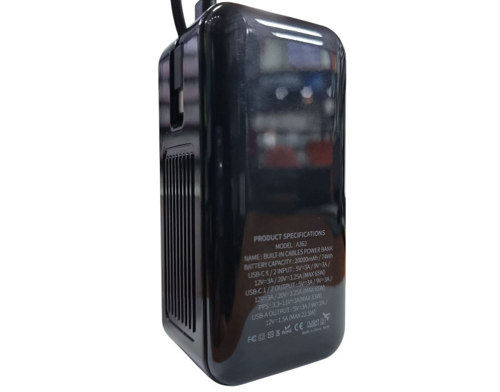 Портативная батарея (Power Bank) Aspor A362 Notebook Series 20000mAh (2USB-C+1USB-A/65W/5V-20V), Black