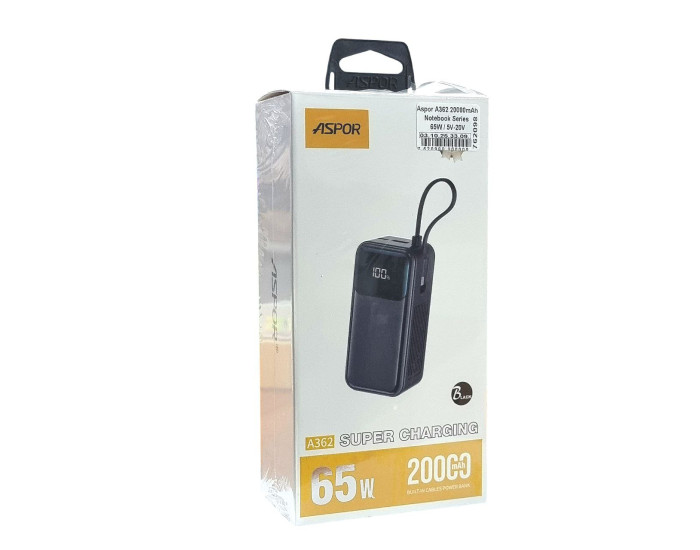 Портативная батарея (Power Bank) Aspor A362 Notebook Series 20000mAh (2USB-C+1USB-A/65W/5V-20V), Black