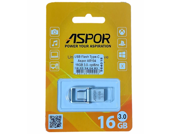 Флешка USB 3,0 Aspor Type-C 16GB AR104 Silver