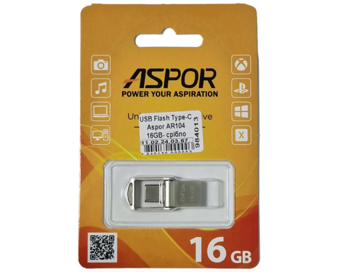 Флешка USB 2,0 Aspor Type-C 16GB AR104 Silver