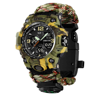 Часы наручные SKMEI Paracord (1155BCMGN) Green CAMO, компас, термометр, свисток, кресало