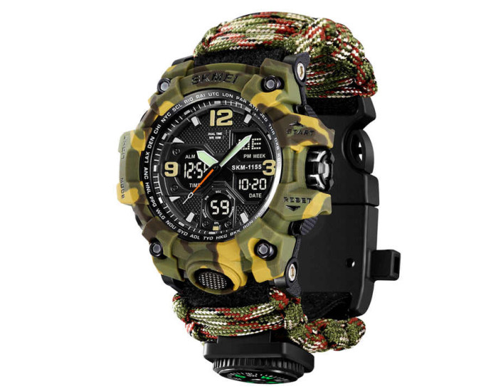 Часы наручные SKMEI Paracord (1155BCMGN) Green CAMO, компас, термометр, свисток, кресало