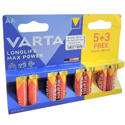 Батарейки VARTA  LR6 (AA) Longlife MAX Power 8bl (цена за 1шт)